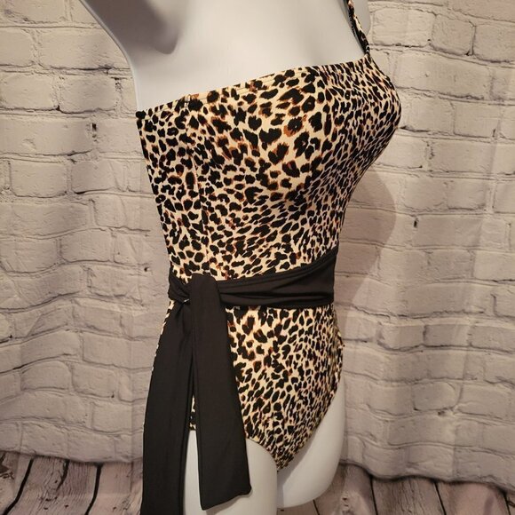 Vince Camuto Printed One-Shoulder Wrap Tie One-Piece - Picture 3 of 5